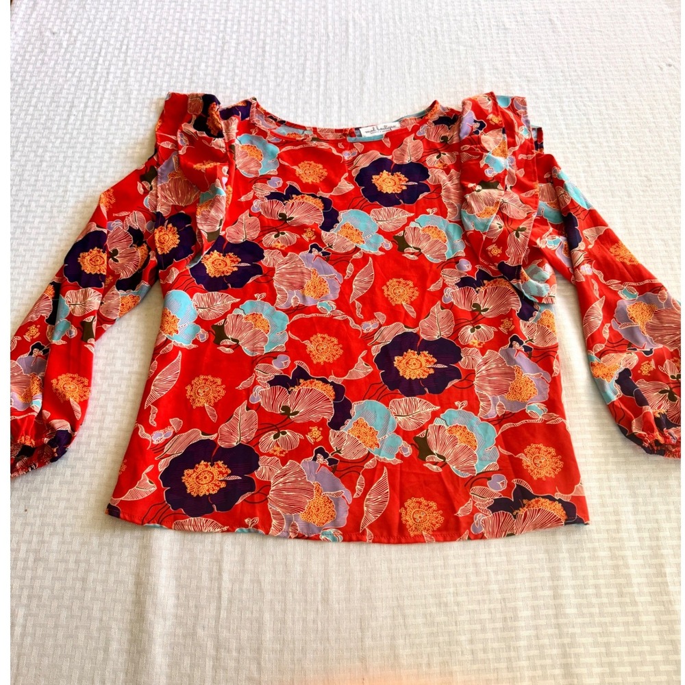 Mod Boutique Floral Ruffle Sleeve Blouse Red Boho‎ Top Large L Cottagecore